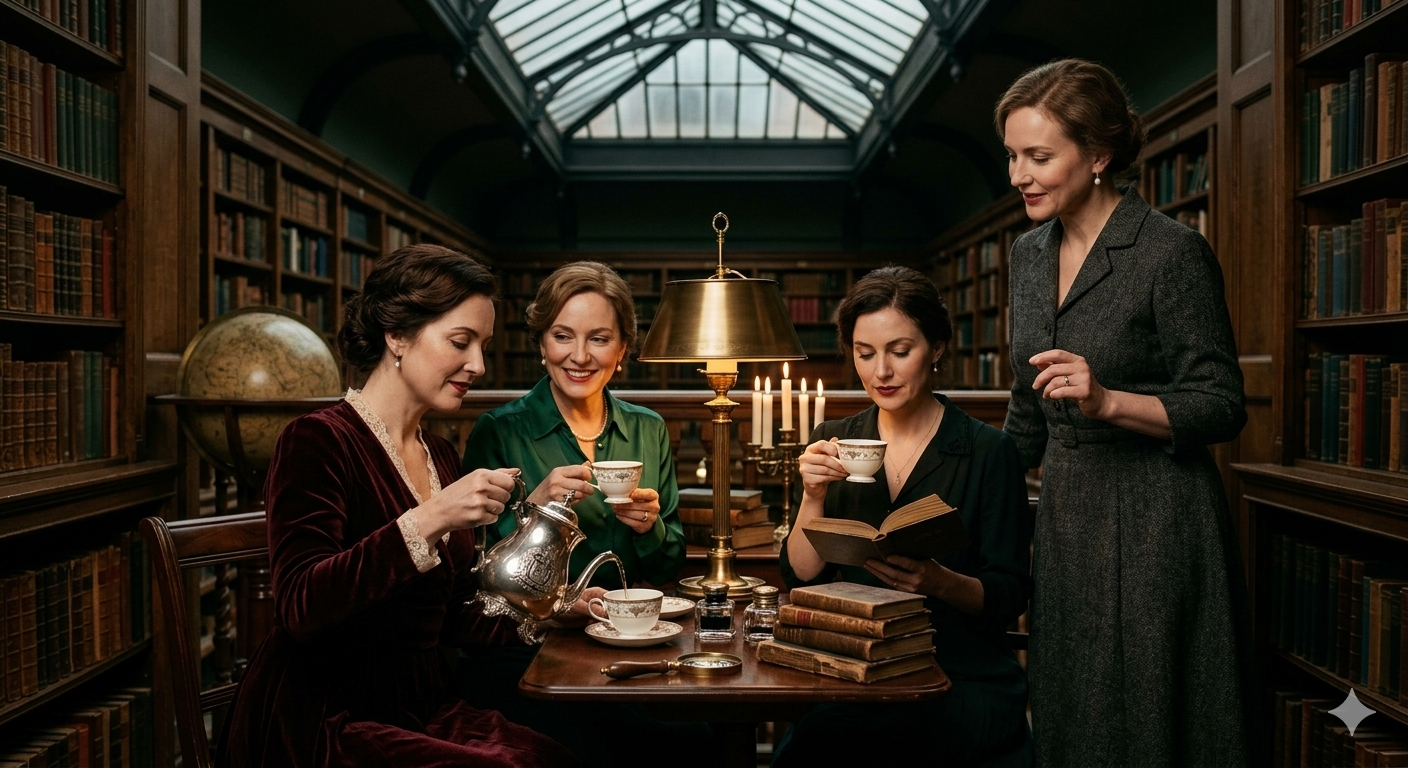 Quatre femmes souriantes partageant un thé noir à Londres dans une bibliothèque ancienne en bois sombre, inspiration pour nos bougies artisanales.